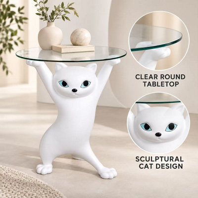 Blucore White Sculptural Cat Side Table With Round Glass Top - image 1