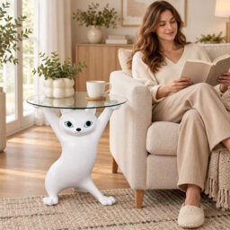 Blucore White Sculptural Cat Side Table With Round Glass Top - thumbnail 5