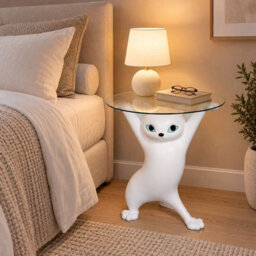 Blucore White Sculptural Cat Side Table With Round Glass Top - thumbnail 4