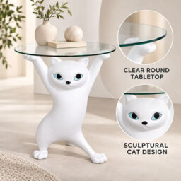 Blucore White Sculptural Cat Side Table With Round Glass Top - thumbnail 1