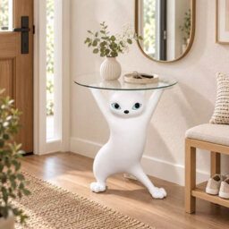 Blucore White Sculptural Cat Side Table With Round Glass Top - thumbnail 3