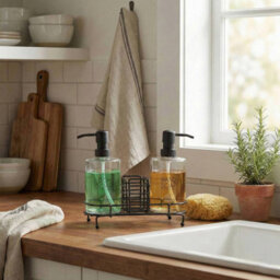 Urbn-Living Urbnliving 3Pc Glass Dish Hand Soap Dispenser Set Black Wire Kitchen Sink Tidy Sponge Caddy - thumbnail 2