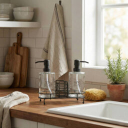 Urbn-Living Urbnliving 3Pc Glass Dish Hand Soap Dispenser Set Black Wire Kitchen Sink Tidy Sponge Caddy - thumbnail 5