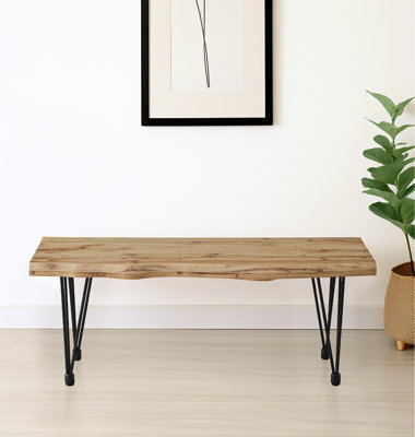 Hallowood Furniture Cullompton Bench (110Cm) With Live Edge Effect And Black Metal Legs - image 1