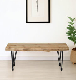 Hallowood Furniture Cullompton Bench (110Cm) With Live Edge Effect And Black Metal Legs - thumbnail 1