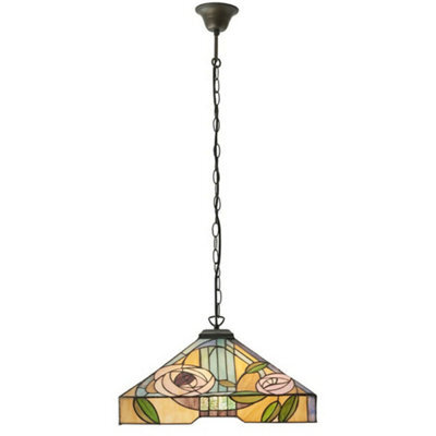 Tiffany Glass Hanging Ceiling Pendant Light Bronze & Square Rose Shade I00155 - image 1