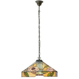 Tiffany Glass Hanging Ceiling Pendant Light Bronze & Square Rose Shade I00155
