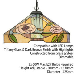 Tiffany Glass Hanging Ceiling Pendant Light Bronze & Square Rose Shade I00155 - thumbnail 2