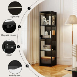 4 Tier Display Cabinet Glass Doors 3 Color Sensor Led Light Cupboard Bookcase - thumbnail 6