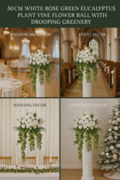 Sandra Chaircovers Rose Ball Collection, 50Cm Diameter, Artificial White Rose Flower Ball With Green Eucalyptus, Single, White And Green - thumbnail 5