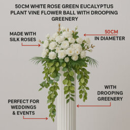 Sandra Chaircovers Rose Ball Collection, 50Cm Diameter, Artificial White Rose Flower Ball With Green Eucalyptus, Single, White And Green - thumbnail 4