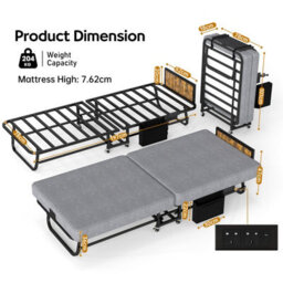 Matteo Single Folding Bed With Memory Foam Mattress, Headboard & Usb Charging Port, Grey - thumbnail 7