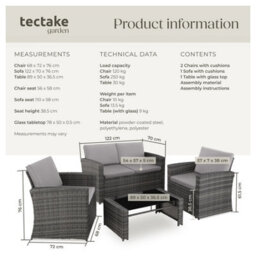 Tectake Garden Furniture Set Jesolo - 2 Armchairs, 1 Sofa,  And Coffee Side Table  - Grey/light Grey - thumbnail 6