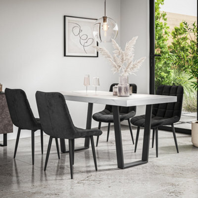 More4Homes Aria Dining Table And Chairs -  White Marble Effect Table Top W Black Legs + Nova Velvet Dining Chair Set Of 6 (Black) - image 1