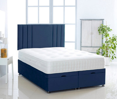 Comfy Deluxe Blue Plush Foot Lift Ottoman Bed With Memory Spring Mattress And  Vertical  Headboard 2Ft6 Small Single - image 1