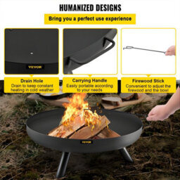 Vevor Durable Fire Pit Bowl 30-Inch Deep Round Carbon Steel With Drain Hole Portable Handles For Outdoor Use Black - thumbnail 7