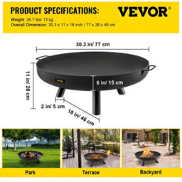 Vevor Durable Fire Pit Bowl 30-Inch Deep Round Carbon Steel With Drain Hole Portable Handles For Outdoor Use Black - thumbnail 3