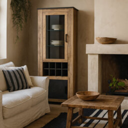 Wyld Haus Juniper 2-Door Display Cabinet With Wine Rack, Chestnut And Matera Grey