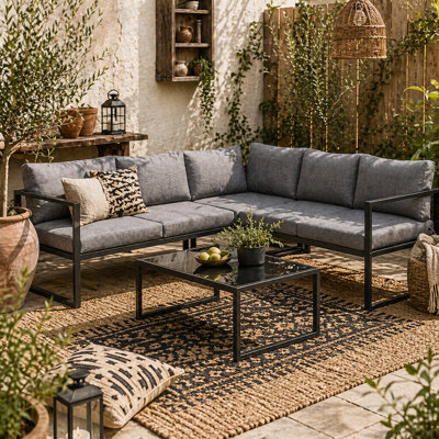 Wyld Haus Liketti 5-Seater L-Shaped Garden Sofa Set With Cushions And Tempered Glass Coffee Table - image 1