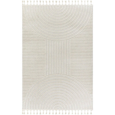 Livabliss Nora-Geometric Grey Ivory High Pile Fringe Living Dining Bedroom Rug 120 X 170 Cm Easy Care, Non Shedding - image 1