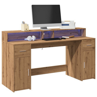 Berkfield Desk With Led Lights Artisian Oak 160X55X91 Cm Engineered Wood - image 1