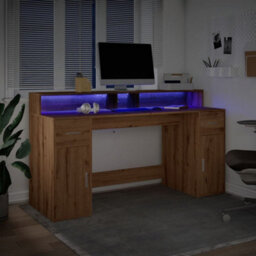 Berkfield Desk With Led Lights Artisian Oak 160X55X91 Cm Engineered Wood - thumbnail 5