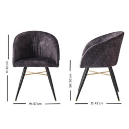 Life Interiors Single Black Vittorio Velvet Dining Chair With Black Metal Legs, Quilted Design Modern Accent Chair - thumbnail 6
