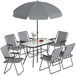 Outsunny 8 Piece Garden Dining Set With 6 Folding Chairs And Umbrella, Grey - thumbnail 2