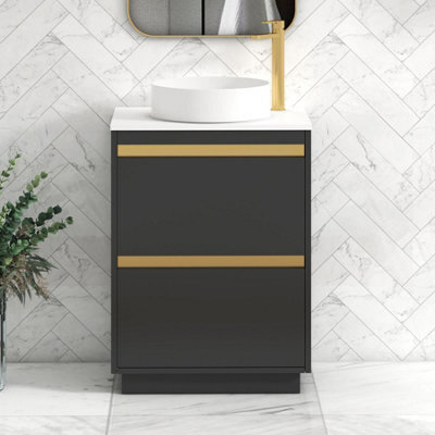Royal Bathrooms Orion 600mm Matt Obsidian Black Floor Standing Vanity Unit 2 Drawer With Plain White Undrilled Worktop & Brushed Brass Accent Trim - image 1