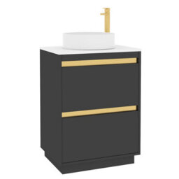 Royal Bathrooms Orion 600mm Matt Obsidian Black Floor Standing Vanity Unit 2 Drawer With Plain White Undrilled Worktop & Brushed Brass Accent Trim - thumbnail 6