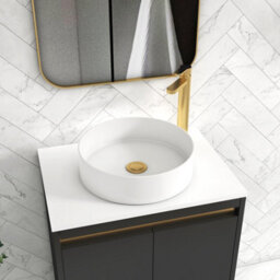 Royal Bathrooms Orion 600mm Matt Obsidian Black Floor Standing Vanity Unit 2 Drawer With Plain White Undrilled Worktop & Brushed Brass Accent Trim - thumbnail 5
