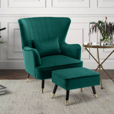 Velvet Emerald Green Camila Accent Wingback Chair With Footstool - image 1