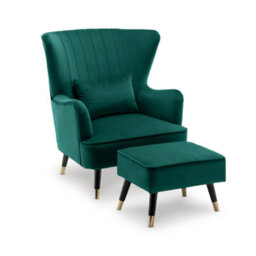 Velvet Emerald Green Camila Accent Wingback Chair With Footstool - thumbnail 3