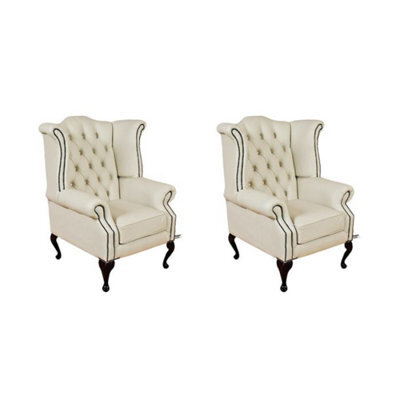 Chesterfield 2 X Chairs Cottonseed Cream Leather Chairs Offer In Queen Anne Style