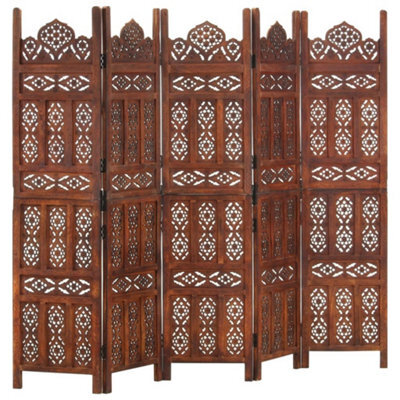 Vidaxl Hand Carved 5-Panel Room Divider Brown 200X165 Cm Solid Mango Wood Room Dividers - image 1