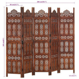 Vidaxl Hand Carved 5-Panel Room Divider Brown 200X165 Cm Solid Mango Wood Room Dividers - thumbnail 7