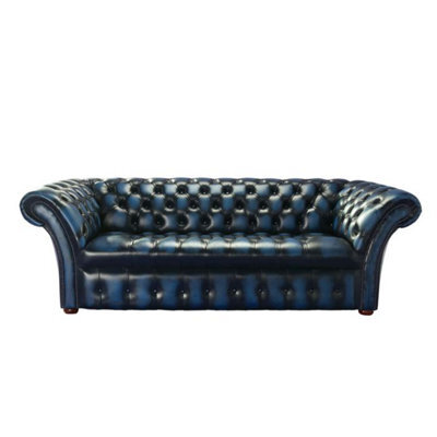 Chesterfield 3 Seater Sofa Buttoned Seat Antique Blue Leather In Balmoral Style - image 1