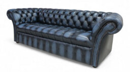 Chesterfield 3 Seater Sofa Buttoned Seat Antique Blue Leather In Balmoral Style - thumbnail 2