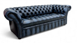 Chesterfield 3 Seater Sofa Buttoned Seat Antique Blue Leather In Balmoral Style - thumbnail 3