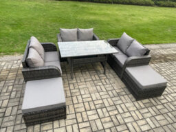 Fimous Patio Rattan Garden Furniture Set With Oblong Dining Table 2 Big Footstool 8 Seater Outdoor Lounge Loveseat Sofa Set - thumbnail 2
