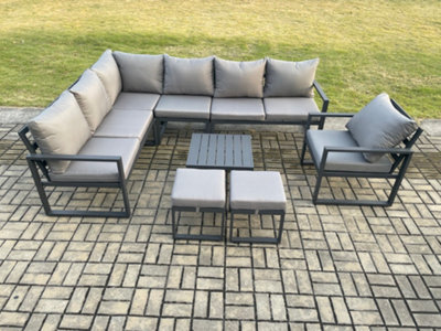 Fimous 9 Seater Aluminium Garden Furniture Set Lounge Corner Sofa Chair Square Coffee Table Sets With 2 Footstools Dark Grey