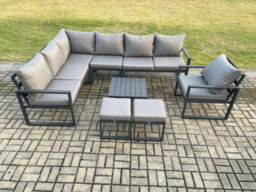 Fimous 9 Seater Aluminium Garden Furniture Set Lounge Corner Sofa Chair Square Coffee Table Sets With 2 Footstools Dark Grey - thumbnail 1