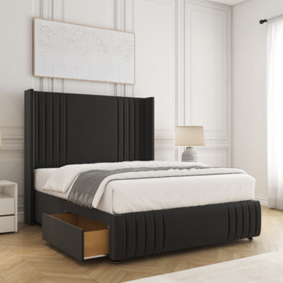 Bsspoke Peyton Divan Bed Set Plush Velvet In Black With 54Inch Headboard & Footboard 2 Drawers Footend & Mattress 4Ft 5Ft 6Ft - image 1
