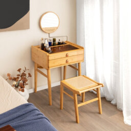 Costway Bamboo Vanity Stool Rattan Top Sitting Stool Footrest - thumbnail 5
