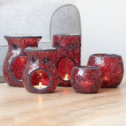 Red Glass Pillar Shaped Oil, Wax Melt Burner. Mirrored Crackle Effect. H14.5 Cm - thumbnail 4