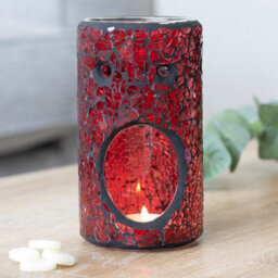 Red Glass Pillar Shaped Oil, Wax Melt Burner. Mirrored Crackle Effect. H14.5 Cm