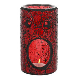 Red Glass Pillar Shaped Oil, Wax Melt Burner. Mirrored Crackle Effect. H14.5 Cm - thumbnail 2