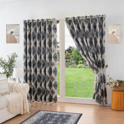 Luxury Living Luxury Diamond Jacquard Fully Lined Ring Top Curtains With Metallic Thread 168Cm X 183Cm Charcoal/silver