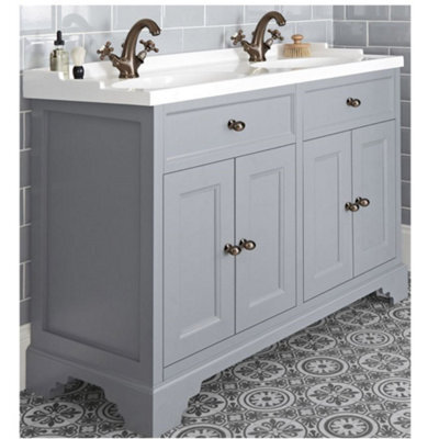 Homestylestore 1210mm Light Grey Bathroom Vanity Unit With Double Basin And Bronze Round Handles - image 1