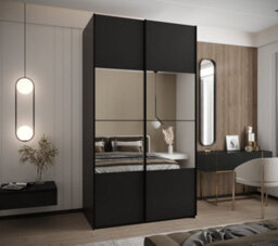 Arte Elegant Trosa Iv Black Sliding Door Wardrobe H2450mm W1400mm D640mm Mirrored Doors, Six Shelves, Hanging Rail, Steel Handles - thumbnail 2